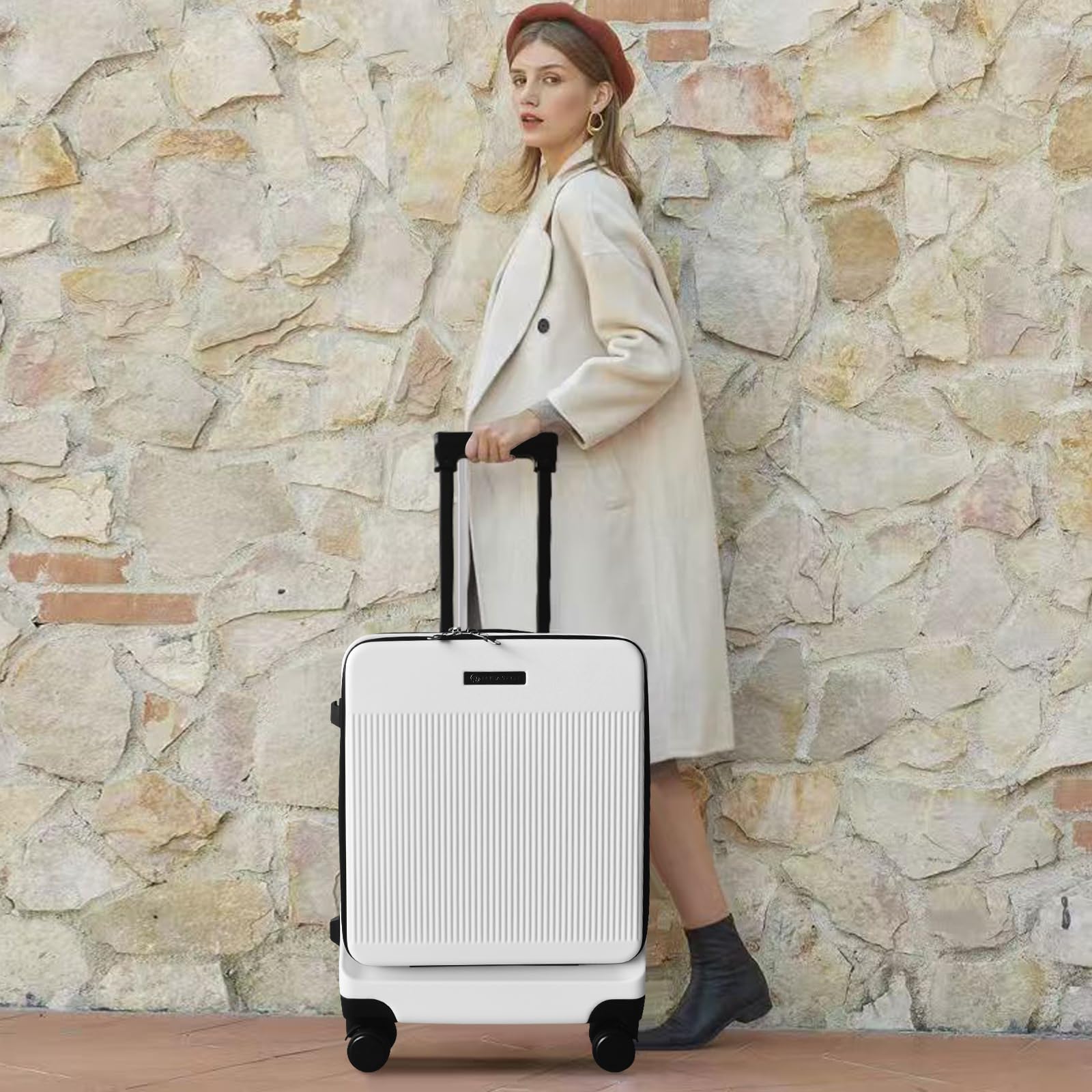 Valigia da 20 pollici con Tasca Frontale per laptop, Trolley Leggera con serratura TSA, valigia bagaglio a mano con Ruote girevoli a 360°, Ricarica USB,Porta bicchieri