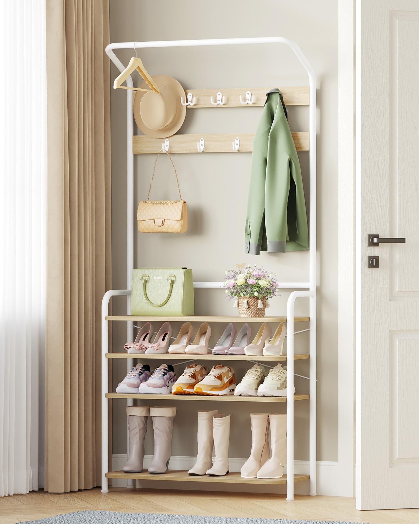 Hzuaneri Perchero Zapatero, Perchero con Banco de 5 Niveles, Roble y Blanco | Recibidor, 9 Ganchos, 1 Barra Superior, 24,5 x 78,5 x 195cm, para Entrada Pasillo, HT19016W