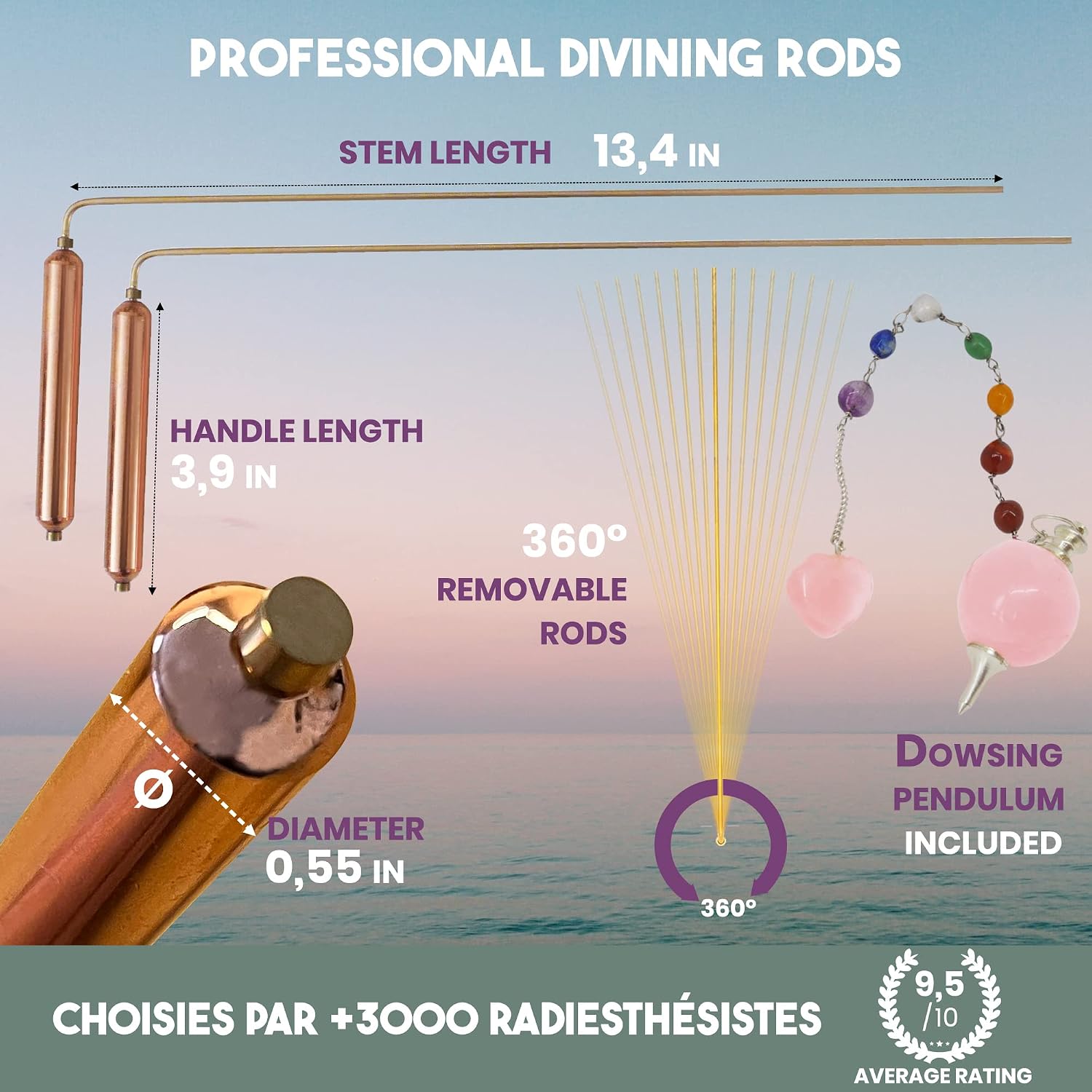 Dowsing Rods with Copper Handles Premium Quality Divining Rods - Dowsing Rose Cristal Quartz Pendulum Included - Varillas de Radiestesia