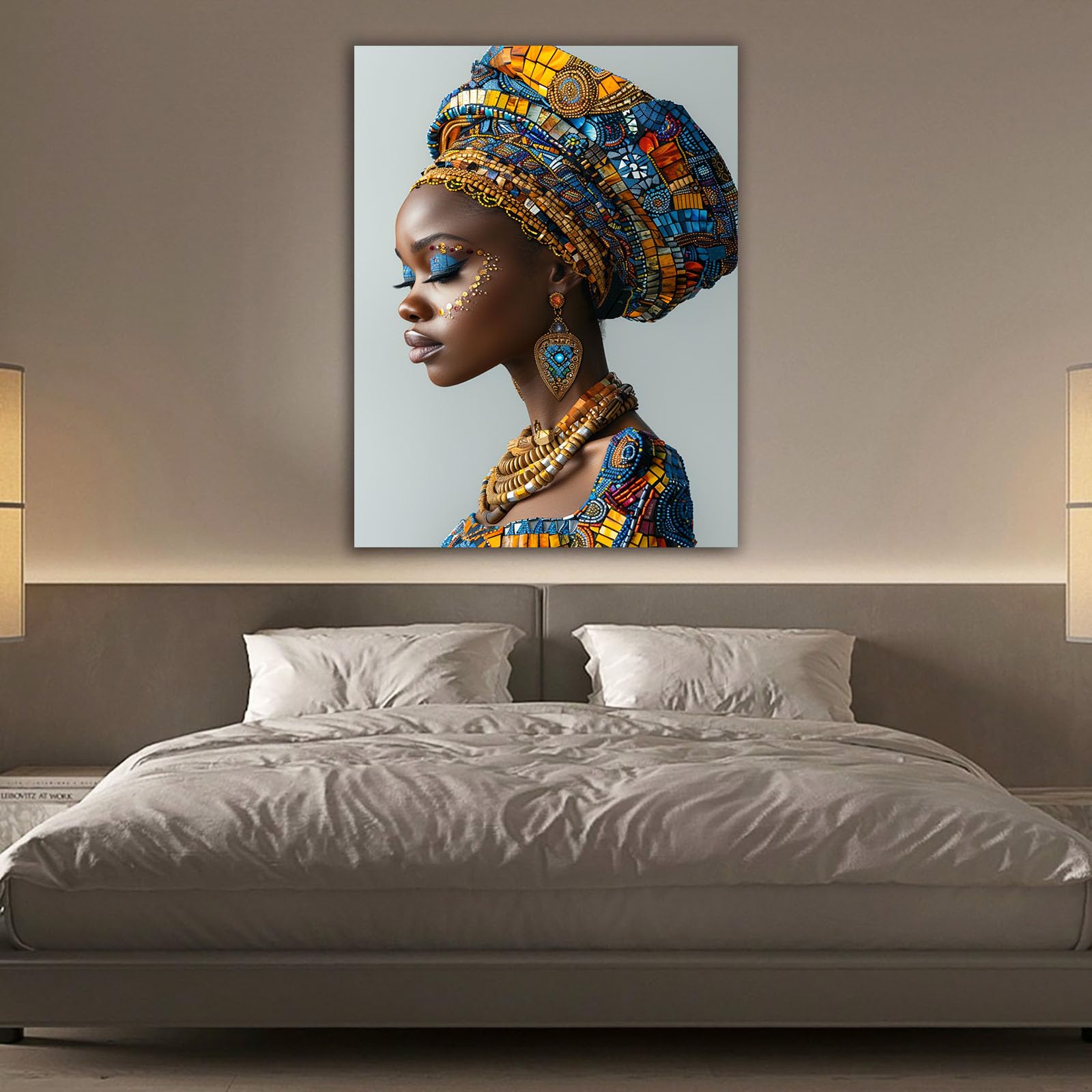 WQBQKKX Mujer Africana Lienzo Cuadro Retrato abstracto Cuadro Sobre Lienzo Moderno Dormitorio Cocina Cuadros Pared Imágenes Wall Art（Azul 16-70x100cm Enmarcado