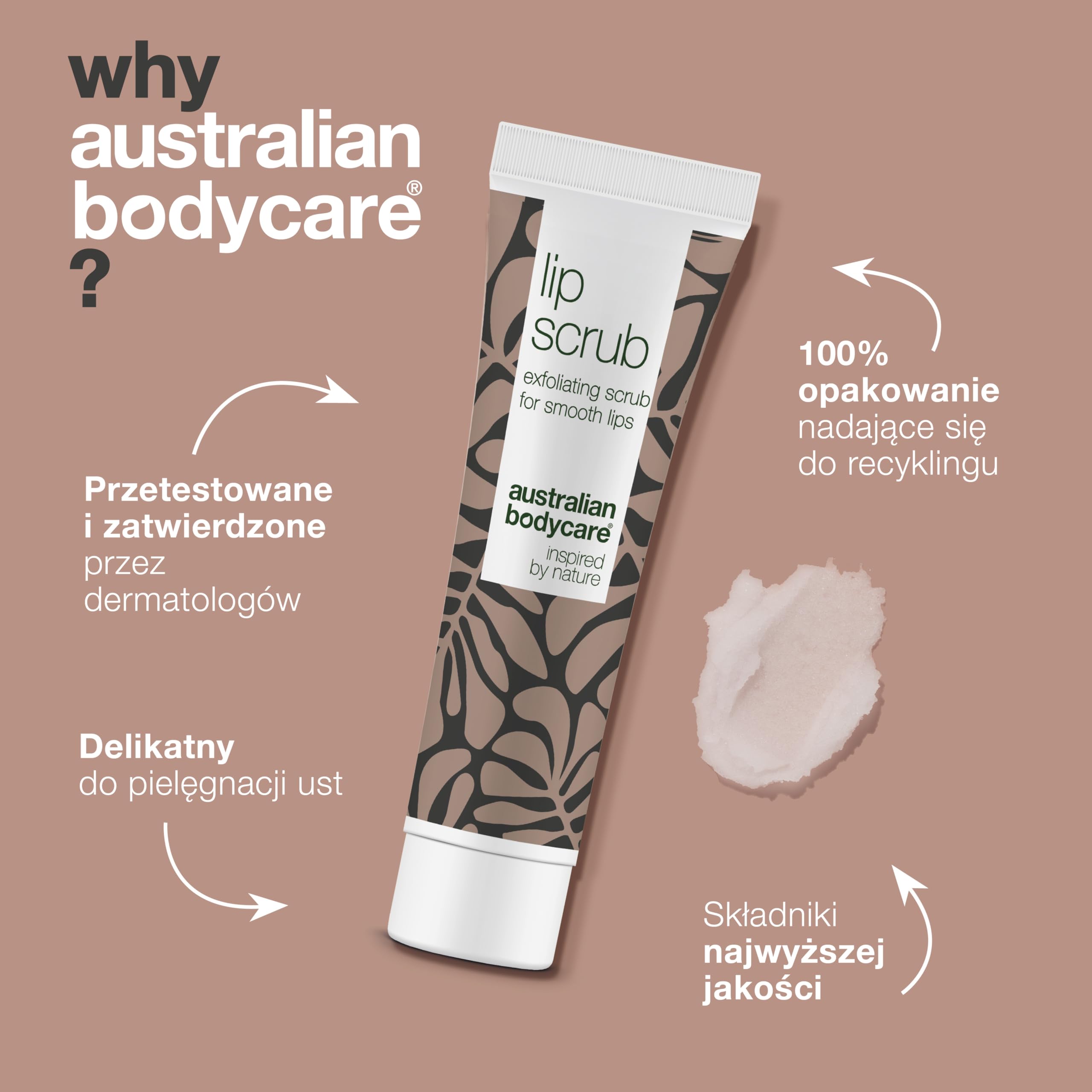 Peeling do ust do suchych ust firmy Australian Bodycare – intensywnie usuwa i pielęgnuje spierzchnięte usta | naturalne składniki | jadalny