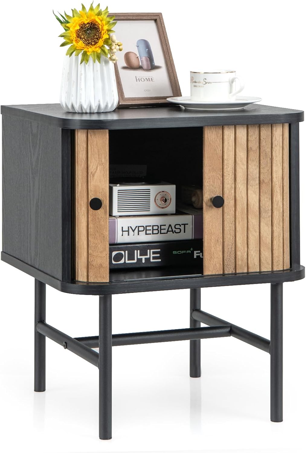 LOKO Sliding Door Nightstand, Mid-Century Storage End Table with Solid Metal Legs, Modern Small Bedside Table, Compact Sofa Side Table for Bedroom, Hallway, Small Space, Black