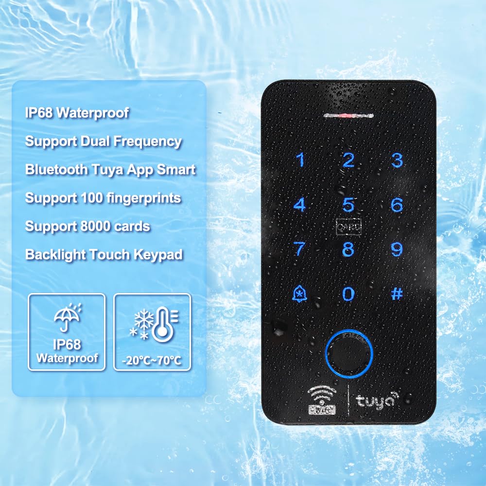 WiFi TUYU - Teclado con sistema de control de acceso IP68 impermeable con huellas dactilares, entrada remota para teléfono móvil, compatible con 125 KHZ/13.56 MHZ, WG26/34 bits, con 10
