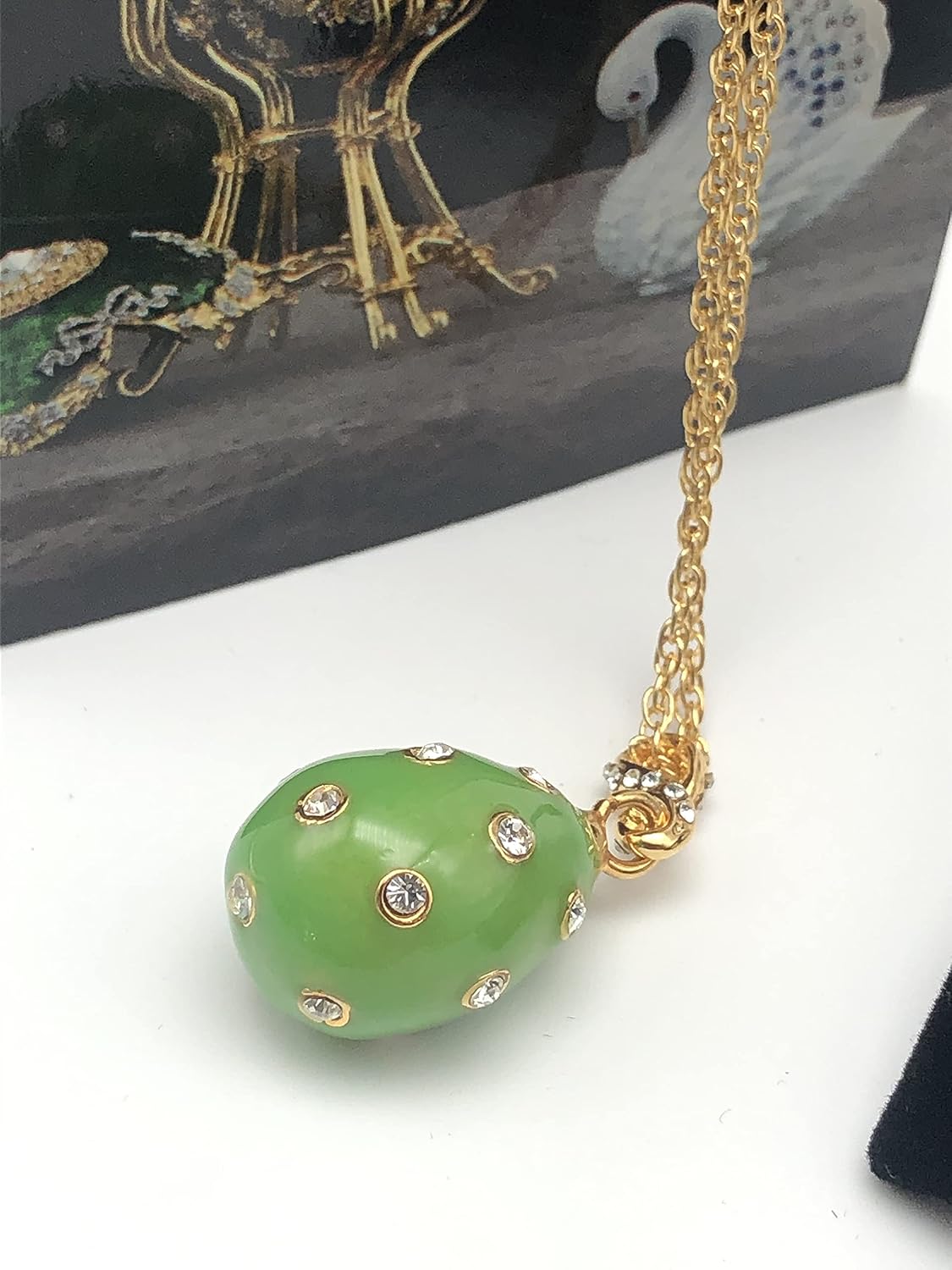 Keren Kopal Green Egg Pendant Necklace Fabrege Style Love Gift for Mother Decorated with Austrian Crystals image 5