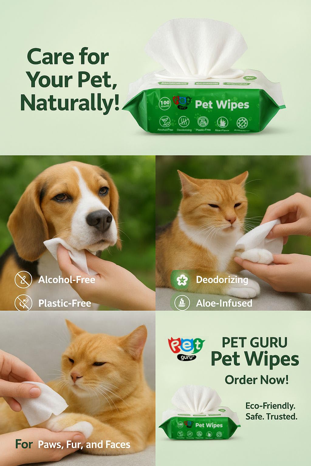 Pet Guru® Dogs & Cats - Toallitas desodorizantes antibacterianas 100 % libres de plástico, biodegradables, multiusos, para mascotas, a base de plantas, sin alcohol (1200 toallitas, sin perfume)