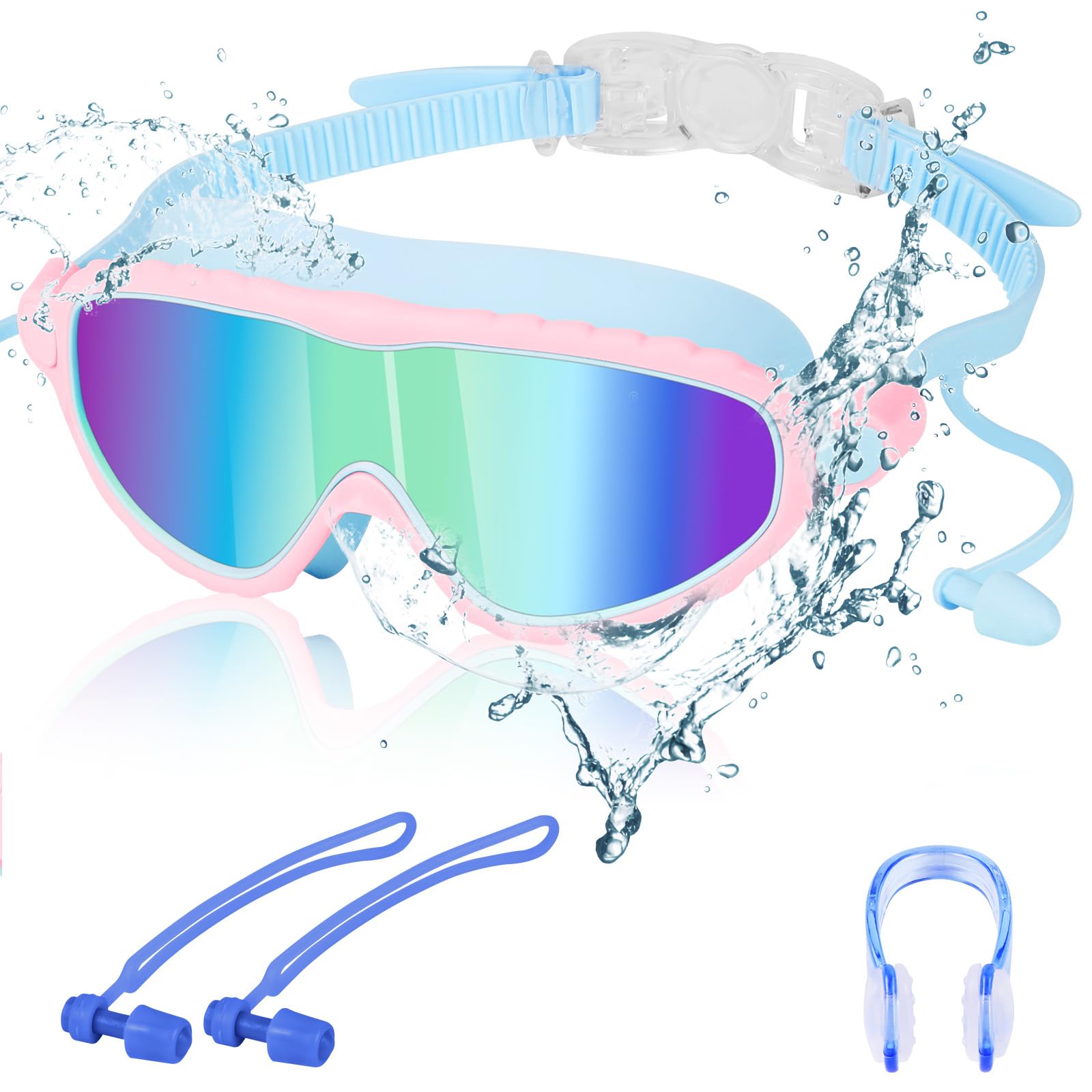 DiULi Gafas de Natación Niños, Unisex Gafas de Natación para Piscinas Cubiertas Infantiles, Doble Banda Elástica, Ajuste Cómodo, Antivaho, Visión Clara, con Estuche Tapones para Los Oídos y Clip Nasal