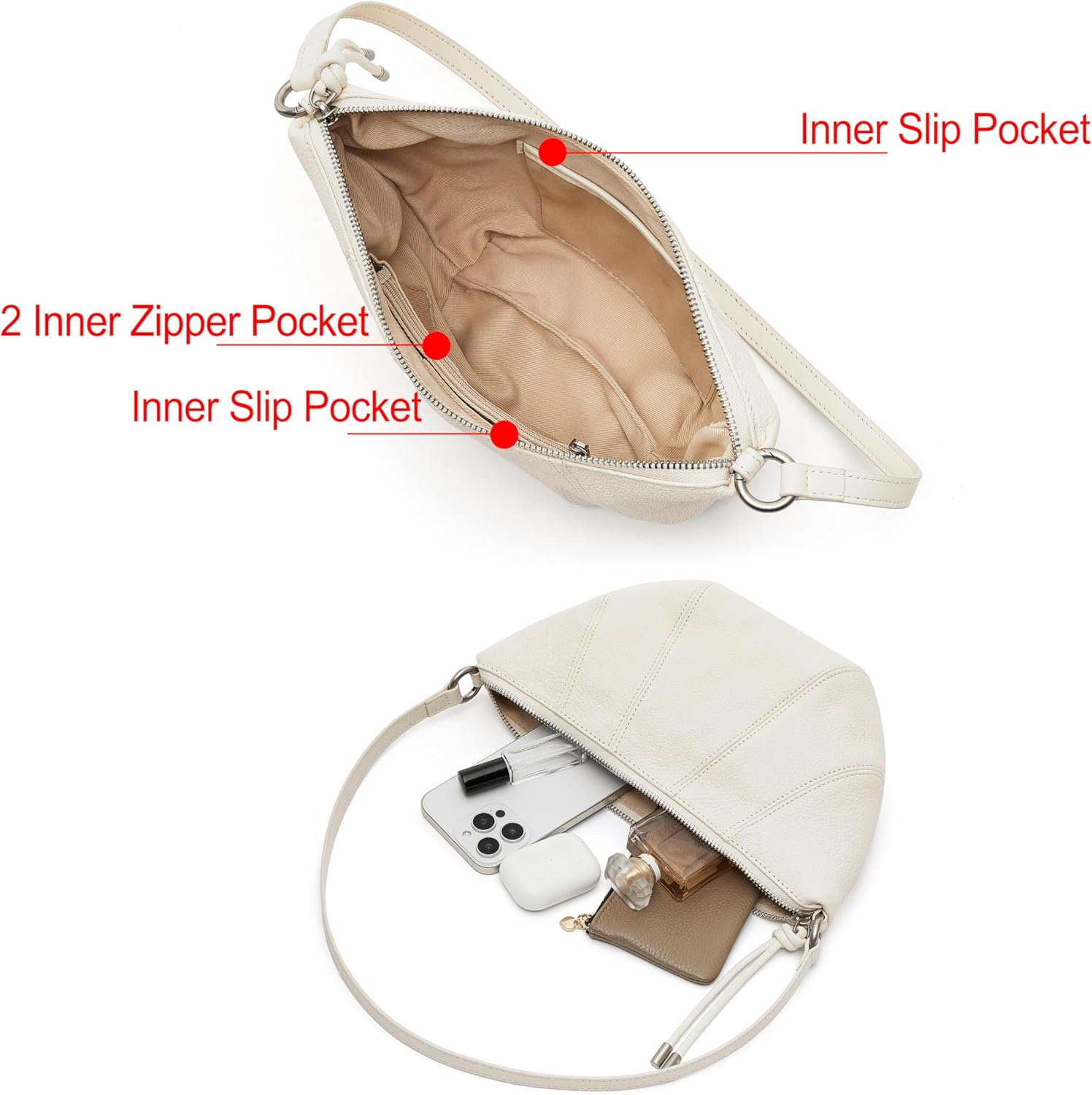 DORIS&JACKY Leather Croissant Crossbody Purse for Women's Designer Goatskin Crescent Shoulder Bag With Two Detachable Straps