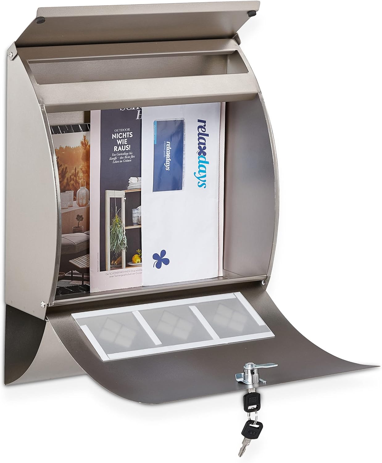 Relaxdays Stainless Steel Letter Box with Newspaper Compartment and Viewing Window 40 x 30 x 12.5 cm 2 Keys Silver