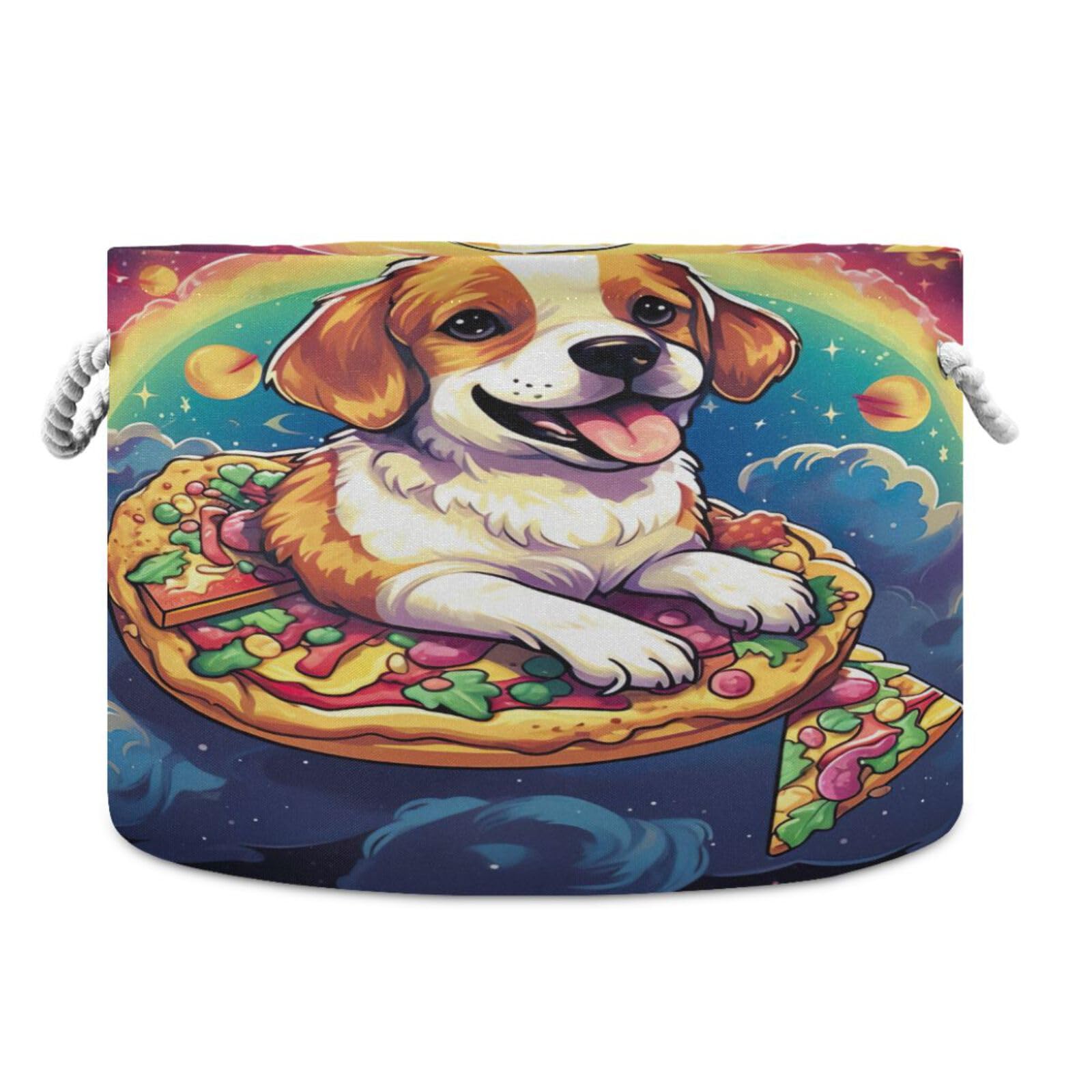 Round Funny Space Pizza Dog Storage Basket Large Organizer Bin Laundry Hamper Toy Storage Basket with Handle for Nursery Clothes Toys 202b4979