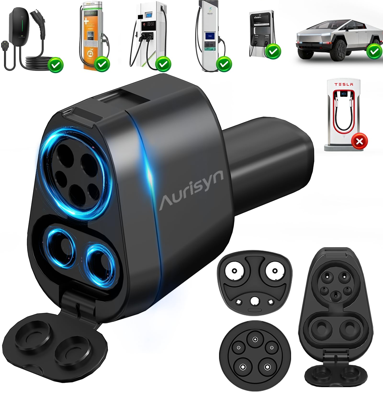 Aurisyn 2-in-1 CCS1 to Tesla & J1772 to NACS Adapter, 250kW 500V Fast Charging for Tesla Model 3/Y/X/S/Cybertruck, Compatible with ChargePoint/EVgo/Electrify America, CCS & J1772 Charging Stations