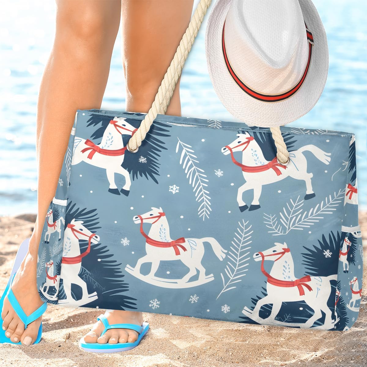 Christmas Cartoon Cute Animals Beach Bags Waterproof Sandproof for Women, Large with Zipper Pool Beach Tote Reusable Grocery Shoulder Bag for Swim Travel Shopping Vacation Picnic
