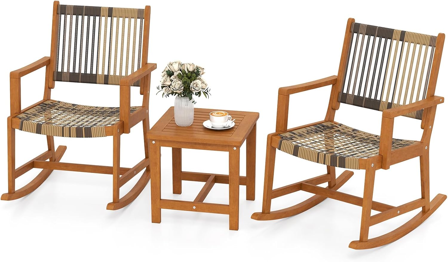 HAPPYGRILL 3 Pieces Rocking Bistro Set, PE Rattan Front Porch Chairs with Coffee Table & Acacia Wood Frame, Patio Furniture Set, Outdoor Rocker Conversation Set for Balcony, Garden & Poolside