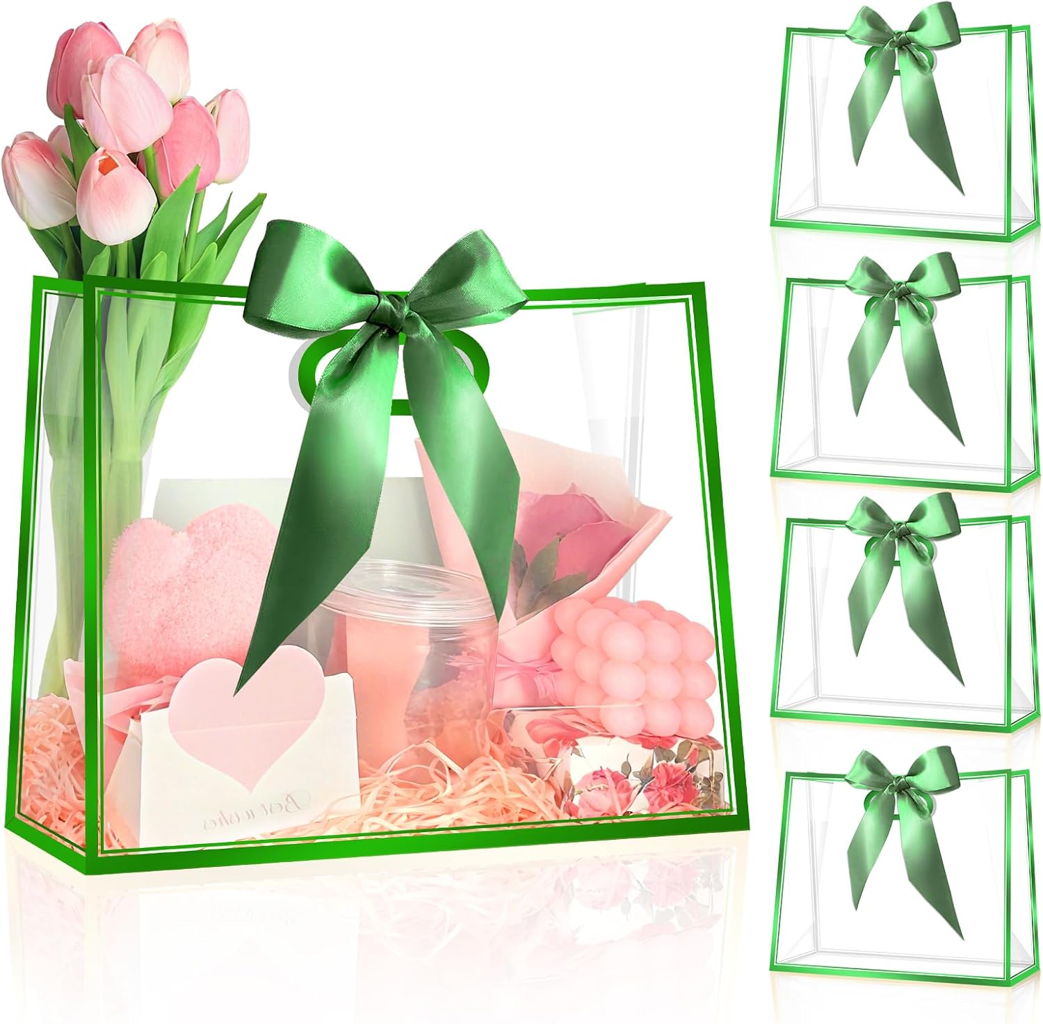 YumiTrek 15Pcs Clear Gift Bags with Handles, Large PVC Transparent Bags with Ribbon 12 x 10 x 5 in, Party Favor Bag Reusable for Wedding Bridal Shower Baby Shower Birthday (Metallic Green)