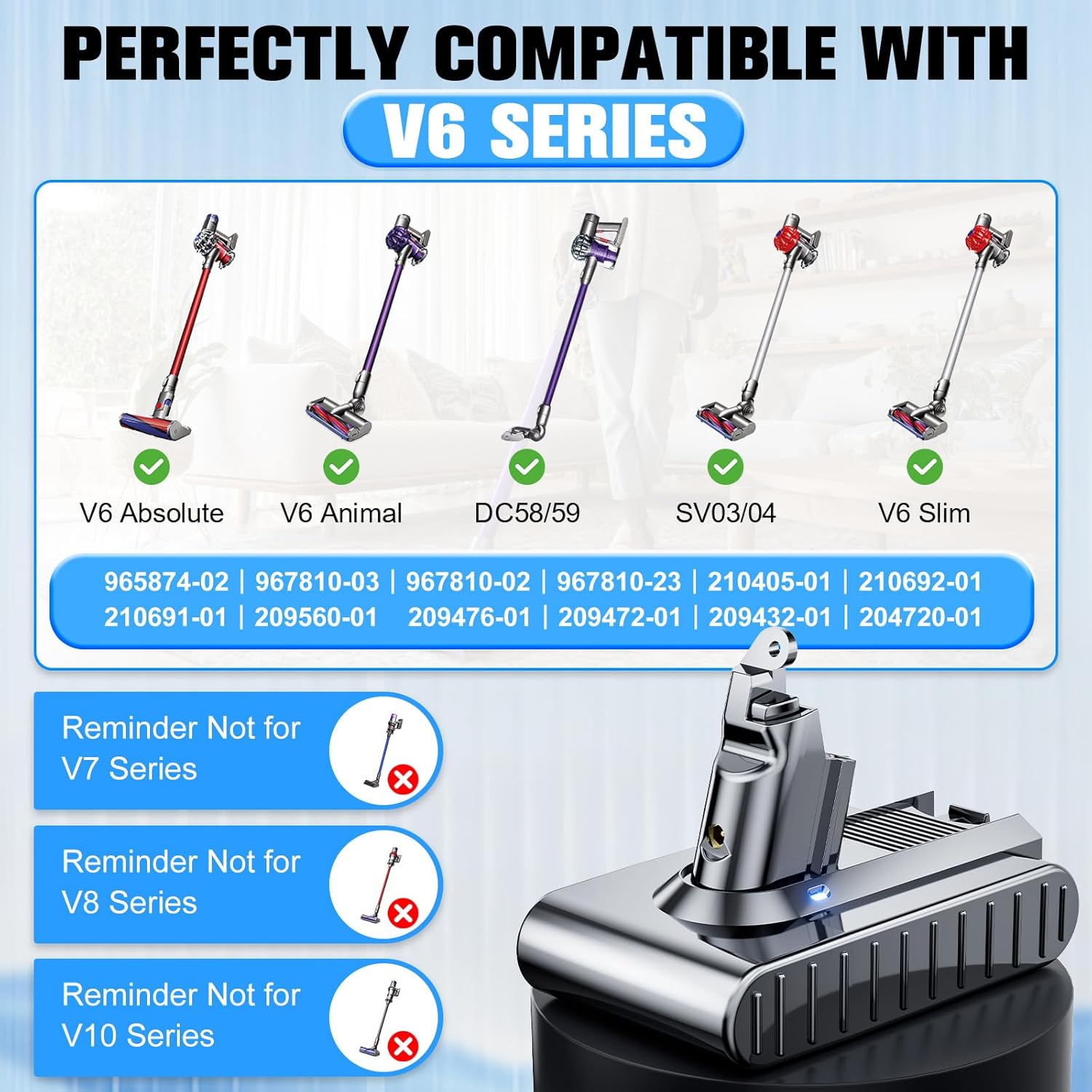 8000mAh Replacement for Dyson V6 Battery 21.6V Lithium VTC4 SV03 SV04 SV05 SV06 SV07 SV09 DC58 DC59 DC61 DC62 DC72 DC74 Absolute Animal Motorhead Slim Vacuum with 2 Filters (V6)