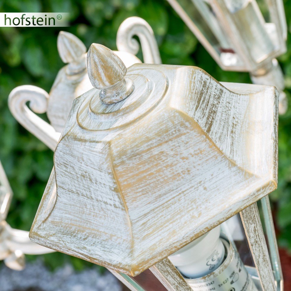 Lámpara de exterior NATAL, candelabro en aspecto antiguo, aluminio fundido en blanco/oro con cristales, lámpara de camino de 3 brazos 210cm, lámpara de jardín retro/vintage, E27, IP44, sin bombilla(s)