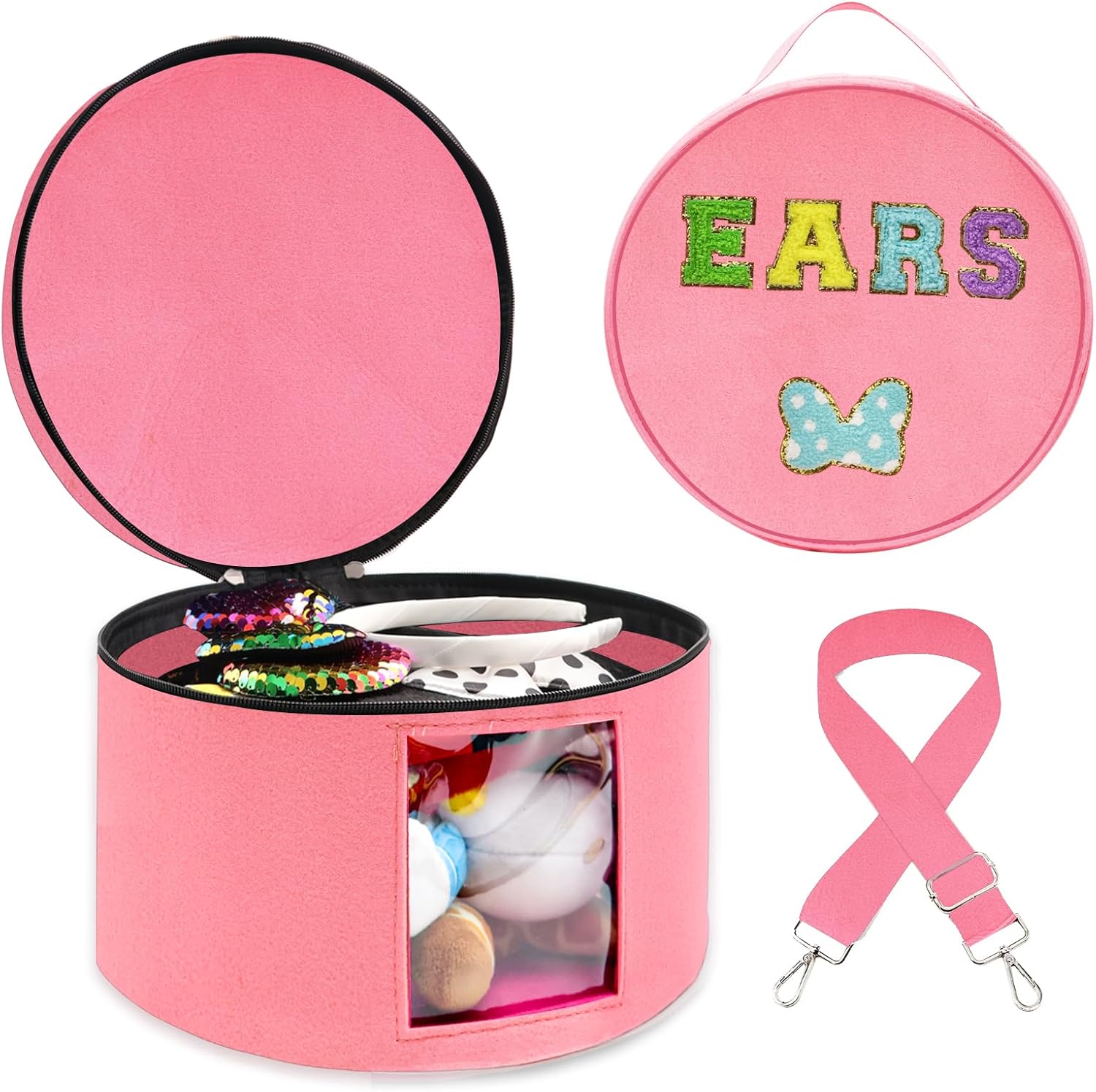 Heaband Holder Organizer, Large Round Tiara Tote Storage Box, Headband Ears Display Storage Box with Shoulder Straps (Pink)