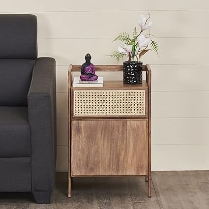 Home Centre Cane Side Table, Walnut, 16 * 16 * 25 Inches (DL-13967-1)