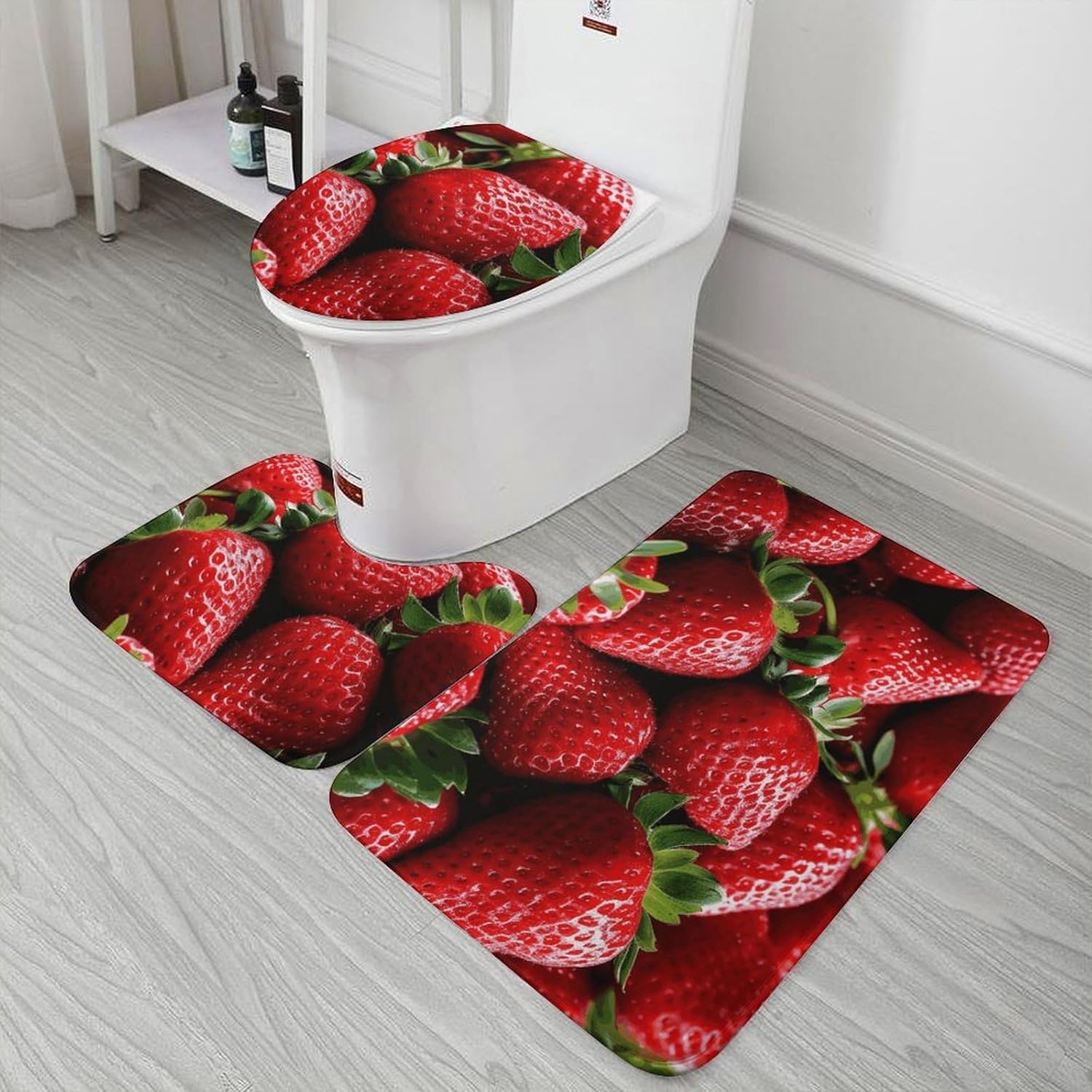 Anti-Skid Floor Mats 3 Piece Set,Fresh Strawberries Printed Coral Fleece Bathroom Mats U-Shaped Contour Mat Toilet Seat Cover for Bathroom, Tub, Shower, Kitchen 19.7"x31.5"