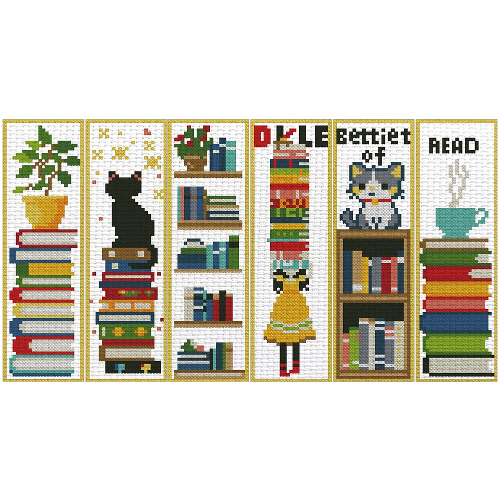 6 Pcs Cat and Book 11 CT DIY Stamped Cross Stitch Bookmark Kit for Book Lovers Starter Embroidery Bookmark Kit with Instruction 8x2.4inch