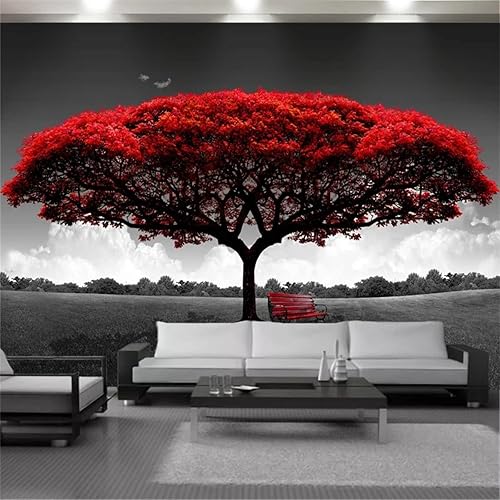 Miniatura 1 de Papel tapiz romántico retro de árbol rojo 3D papel tapiz de fondo negro y blanco papel tapiz de ilustración de bosque para sala de estar y