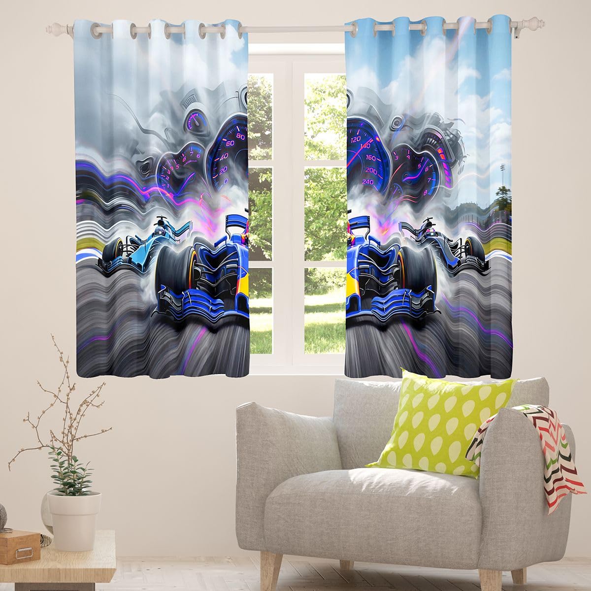 Homewish Chłopięce zasłony okienne, 117 x 183 cm, 2 zestawy paneli – zasłony zaciemniające do samochodu wyścigowego, tor wyścigowy, sporty ekstremalne, zasłony okienne, neonowa deska rozdzielcza