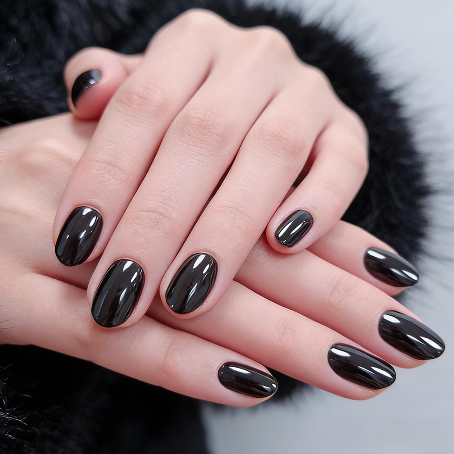 Black Press On Nails - Short Almond Chrome False Nails