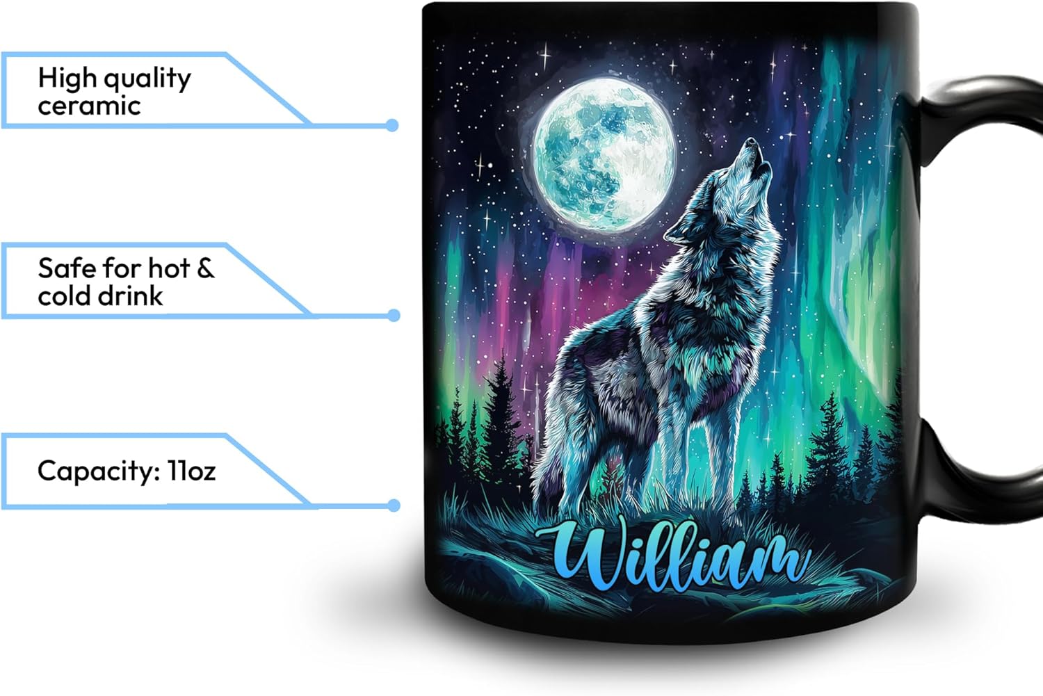Hyturtle Personalized Wolf Mug for Men Women, Wolves Lovers Gifts for Wild Animal Lovers on Birthday Christmas, Howling Wolf Gift Idea for Dad Husband, Custom Name 11oz Black Ceramic Coffee Tea Mug - Image 3