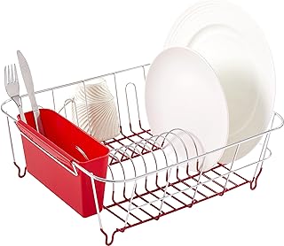 Sweet Home Collection Metal 2 Piece Dish Drying Rack Set Drainer with Utensil Holder Simple Easy to Use Fits in Most Sinks, 14.5" x 13" x 5.25", Red