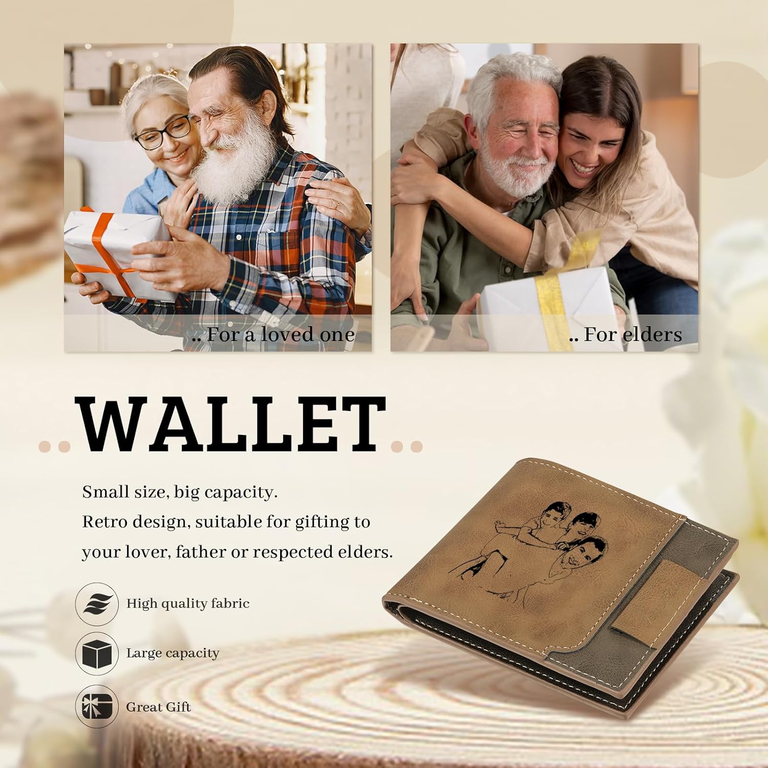 Personalized Leather Wallets for Dad Custom Bifold Wallets Engraved Photo Name Text Customized Wallets for Men Father Grandpa Husband (3 Names)