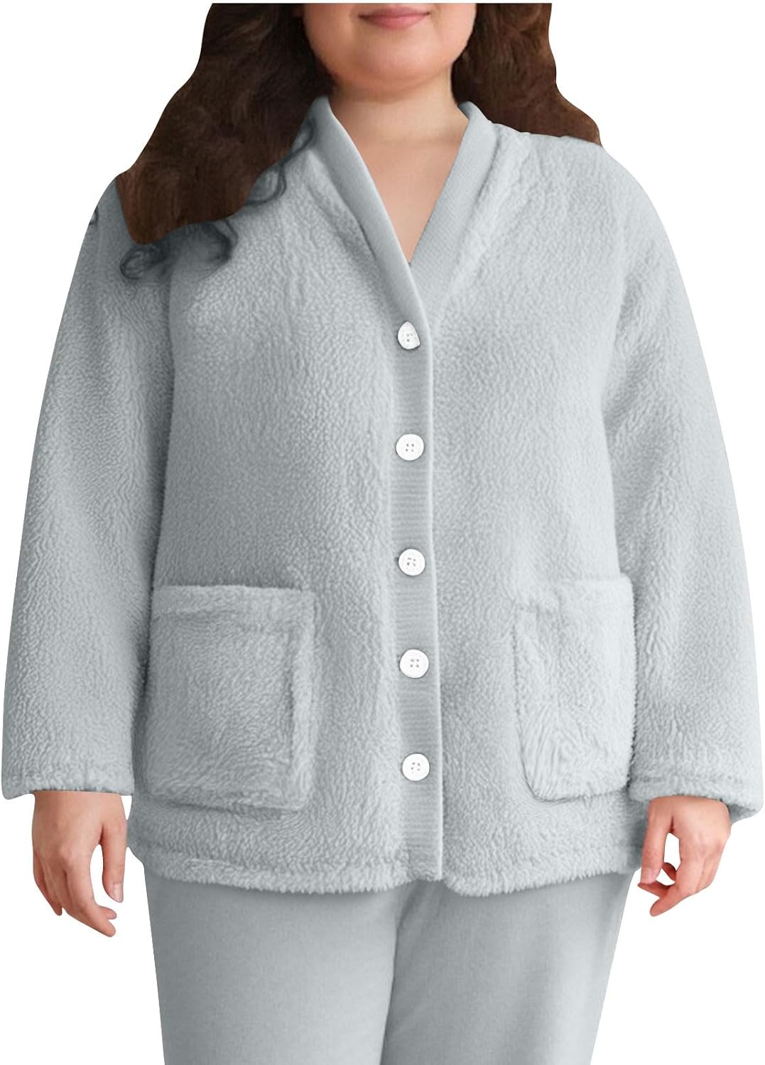 Women Fuzzy Fleece Jacket Pajama Tops V-Neck Button Down Sleepwear Long Sleeve Plush Warm Winter Coat with Pockets
