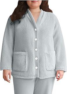 Womens Fuzzy Fleece Jacket Pajama Tops V-Neck Button Down Sleepwear Long Sleeve Plush Warm Winter Coat with Pockets