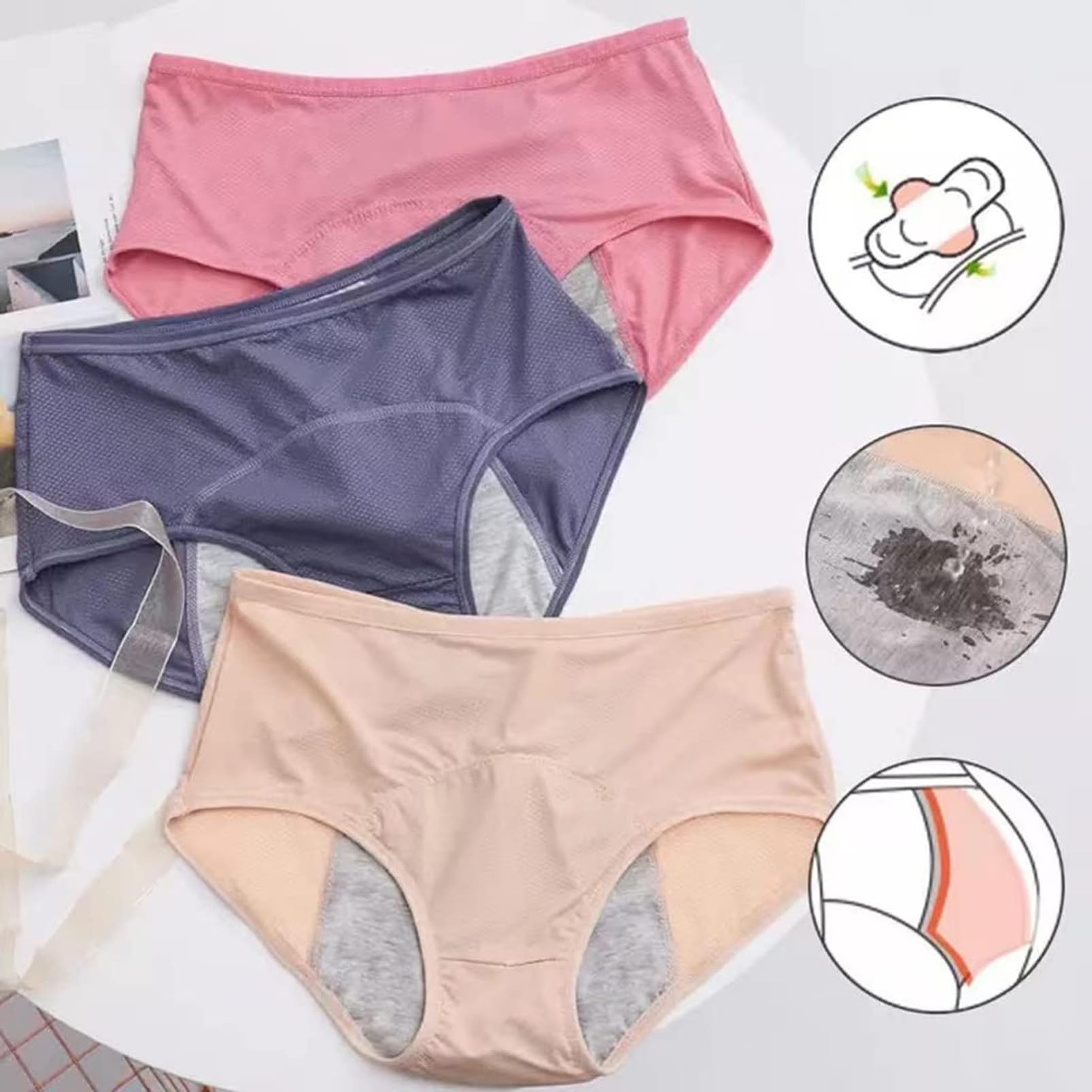 Pantalones de Período para Mujer, Paquete de 6 Bragas Menstruales a Prueba de Fugas, Ropa Interior Posparto de Cintura Media Alta, Braguitas de Algodón Menstrual a Prueba de Fugas