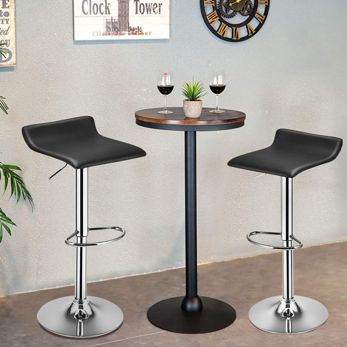 COSTWAY Set Swivel Bar Stools Adjustable Contemporary Modern Design Chrome Hydraulic PU Leather Backless of 2 (Black)