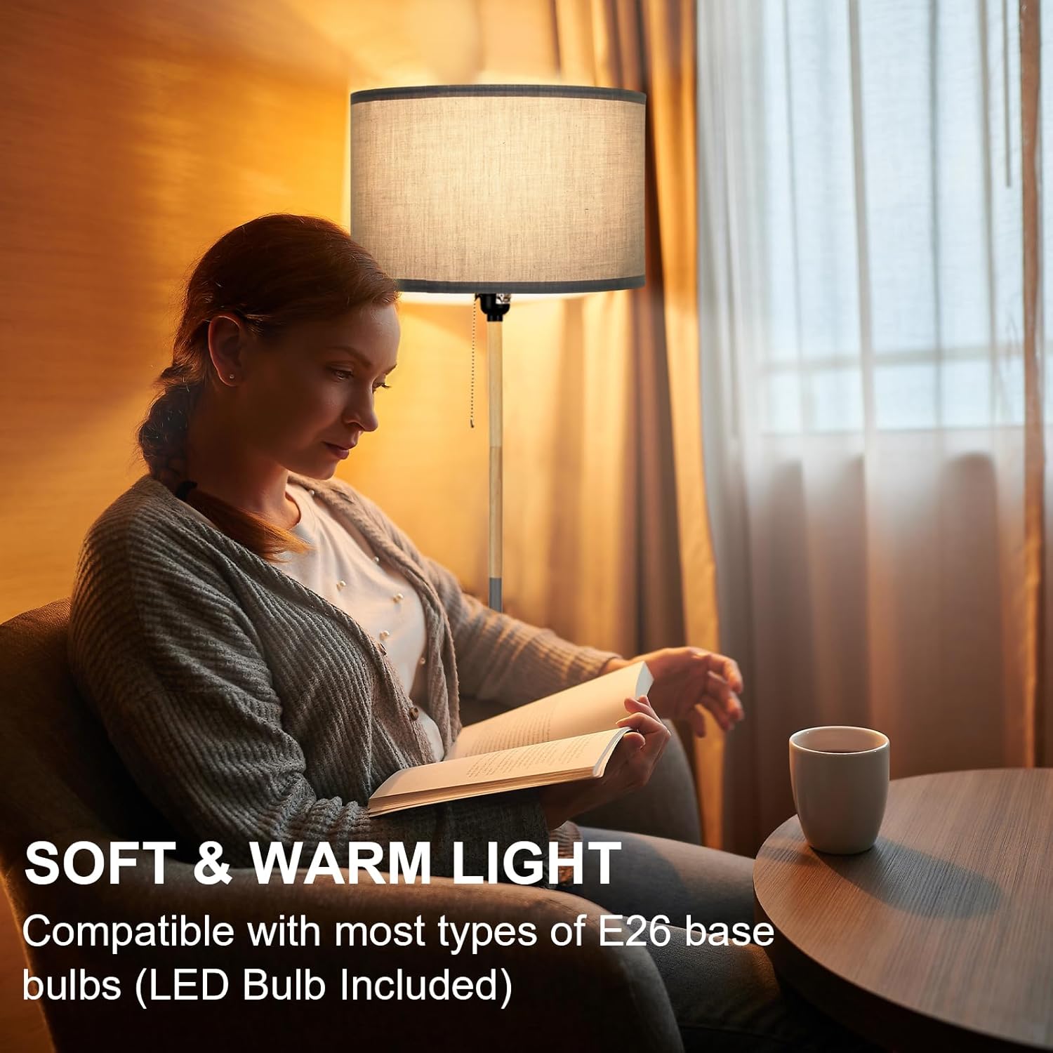 Modern Floor Lamp for Living Room Farmhouse Floor Lamps Pole with Linen Lamp Shade, Standing Tall Floor Lamps for Bedrooms and Office (Grey)