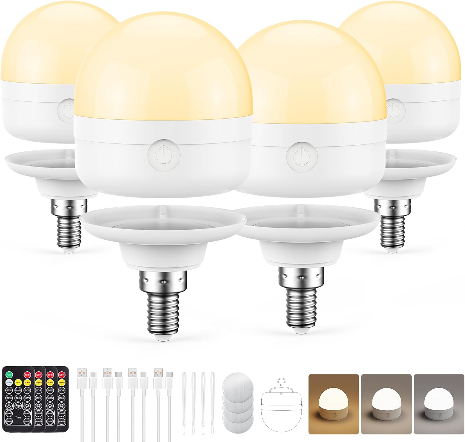 E12 Rechargeable Light Bulbs with Remote, 10W 900lm 3-in-1 Battery Operated Emergency Lighting, 3500mAh 60W Equivalent Bulbs with Magnetic Base & Hook for Home Camping Hurricane&Power Outage, 4 Pack