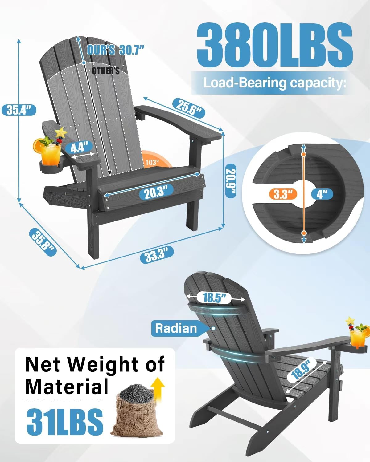 YEFU Adirondack Chairs Set of 4 for Outdoor: Zero Gravity Fire Pit Chairs Plastic with Cup Holders - Sturdy All-Weather HIPS with Wood Texture for Patio Backyard Lawn - Easy Assembly(Dark Grey)