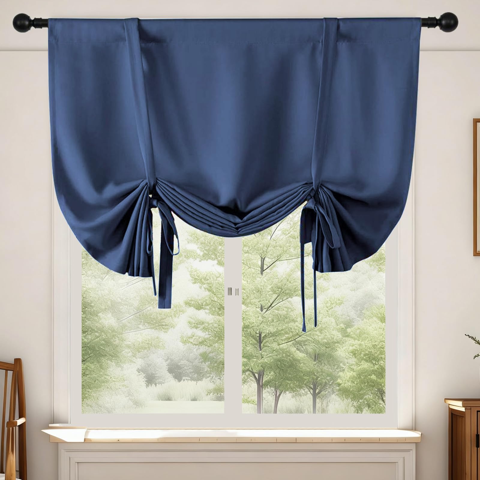 Roman Blinds Tie up Curtains Blackout Thermal Insulation Rod Pocket Curtain Panel for Kitchen Bathroom Bedroom Small Windows Doors (2, Blue, 80W x 120H cm)