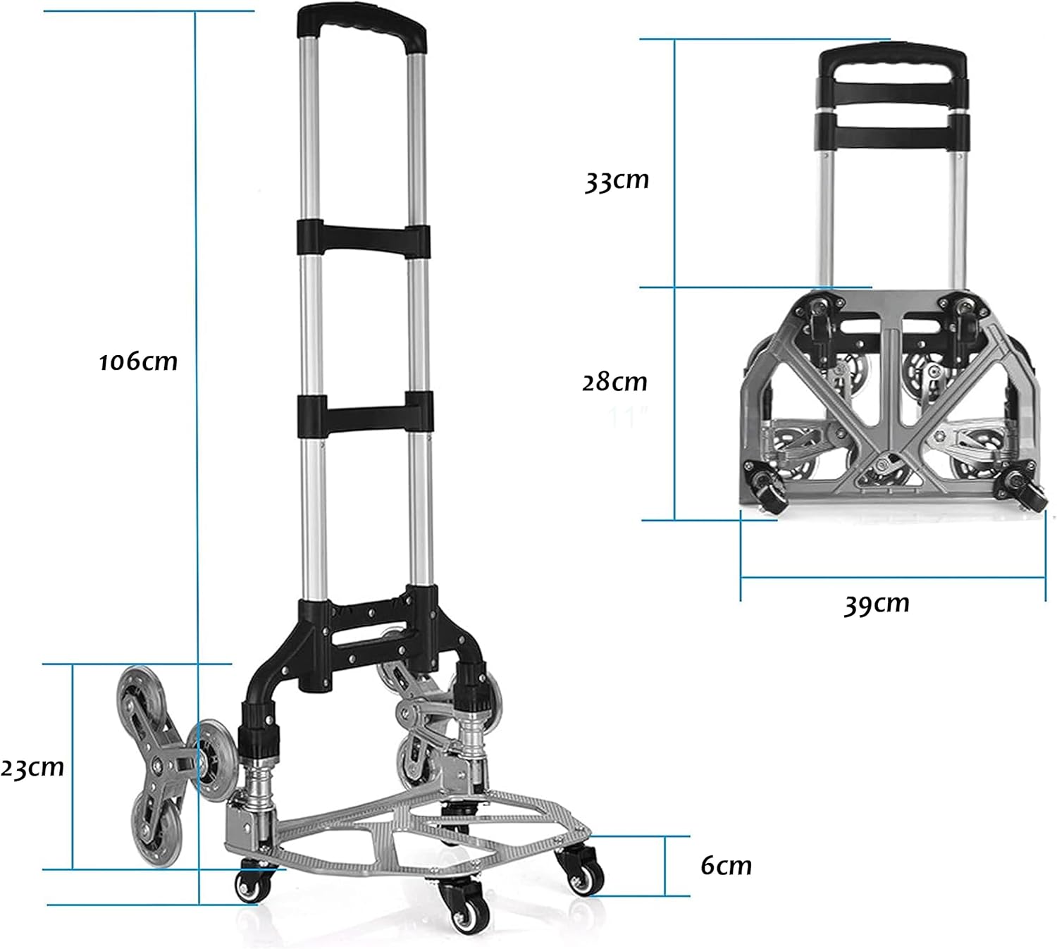 Dimensions of the hand truck in unfolded and folded states
