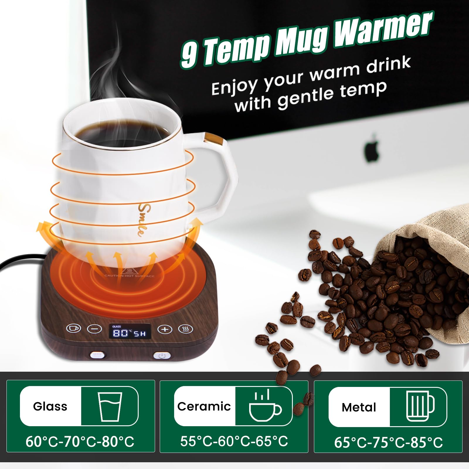 Chauffe-tasse électrique 9 Températures Réglables - Minuterie 0,5 à 9h, Plaque 11,5 Cm - Pour Café, Thé, Lait - Maison/bureau