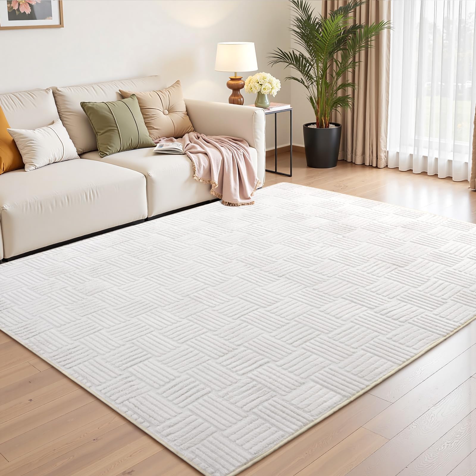 White Washable Shag Area Rug for Living Room, 6x9 Modern Geometric Non Slip Bedroom Rugs, Fluffy Soft Thick Carpet for Girls Kids Room, Dorm, Office,