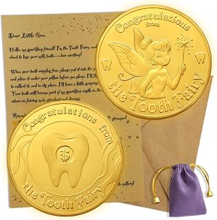 Tooth Fairy Gifts for Boys & Girls,Tooth Fairy Coins Keepsake Kit, Golden Tokens with Tooth Pouch,Letter from Tooth Fairy(1pc-Bag Set)