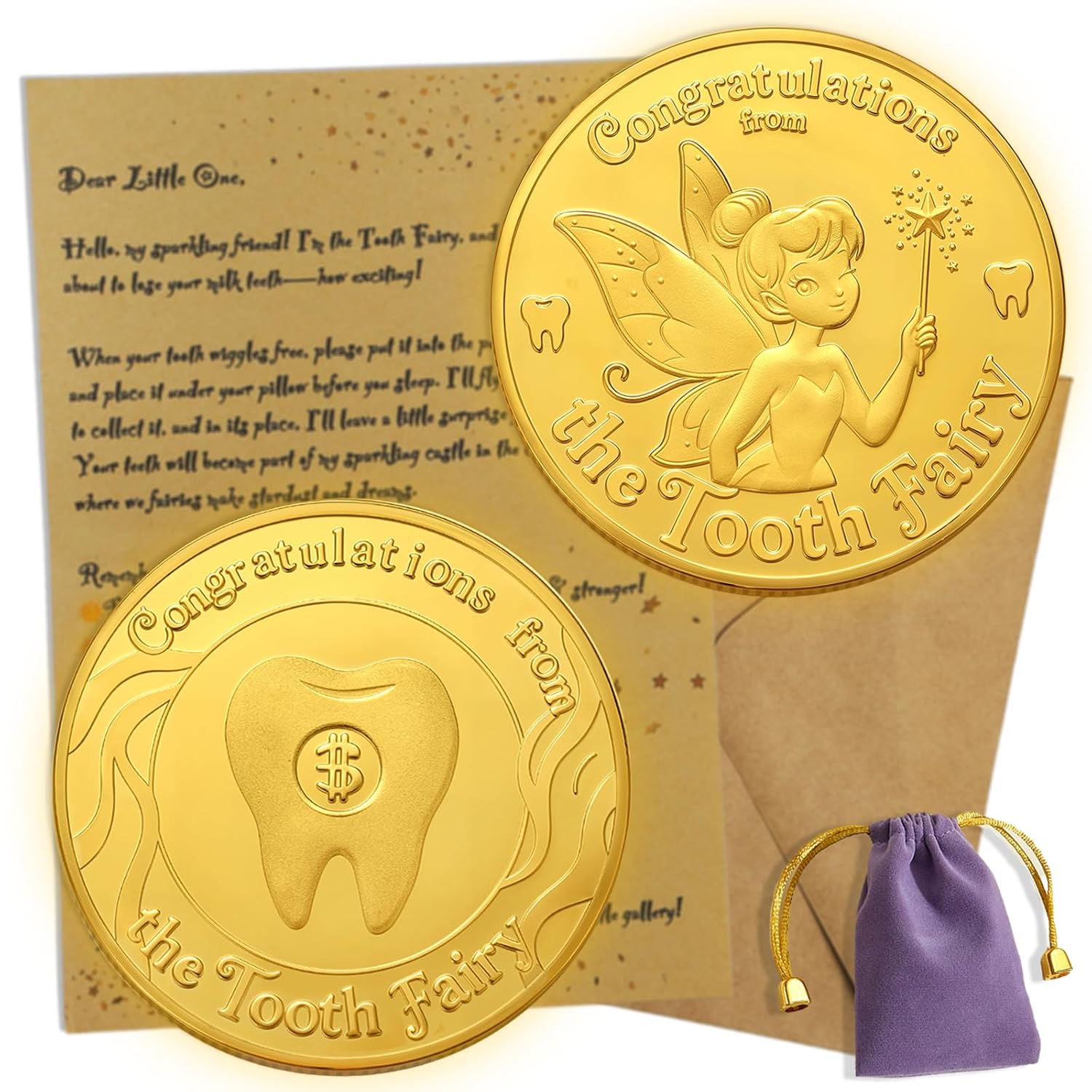 Tooth Fairy Gifts for Boys & Girls,Tooth Fairy Coins Keepsake Kit, Golden Tokens with Tooth Pouch,Letter from Tooth Fairy