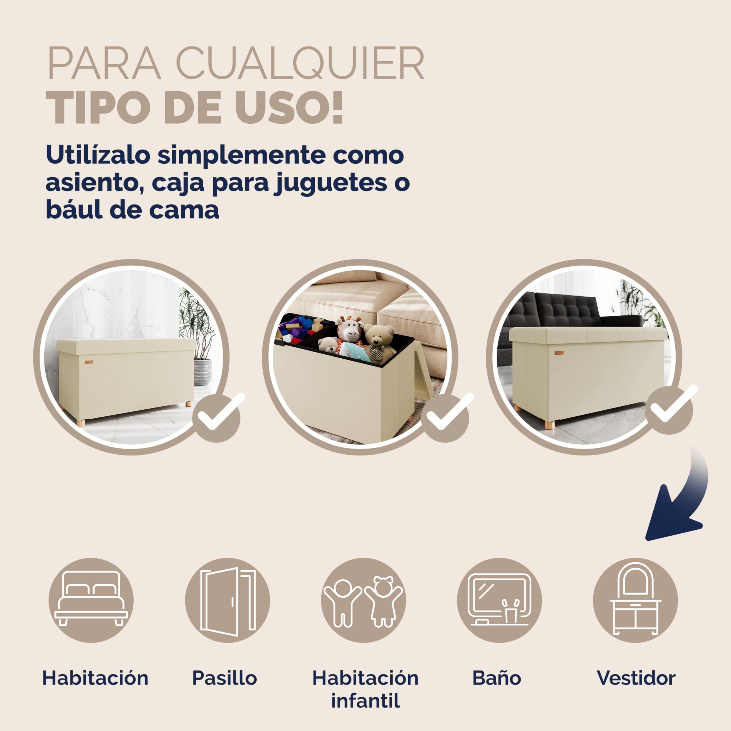 CASARIA® Banco Almacenaje Terciopelo Puff Plegable Capacidad Carga hasta 300kg Resistente 38x76x42cm Patas Madera Reposapies Salon Dormitorio Otomana Beige