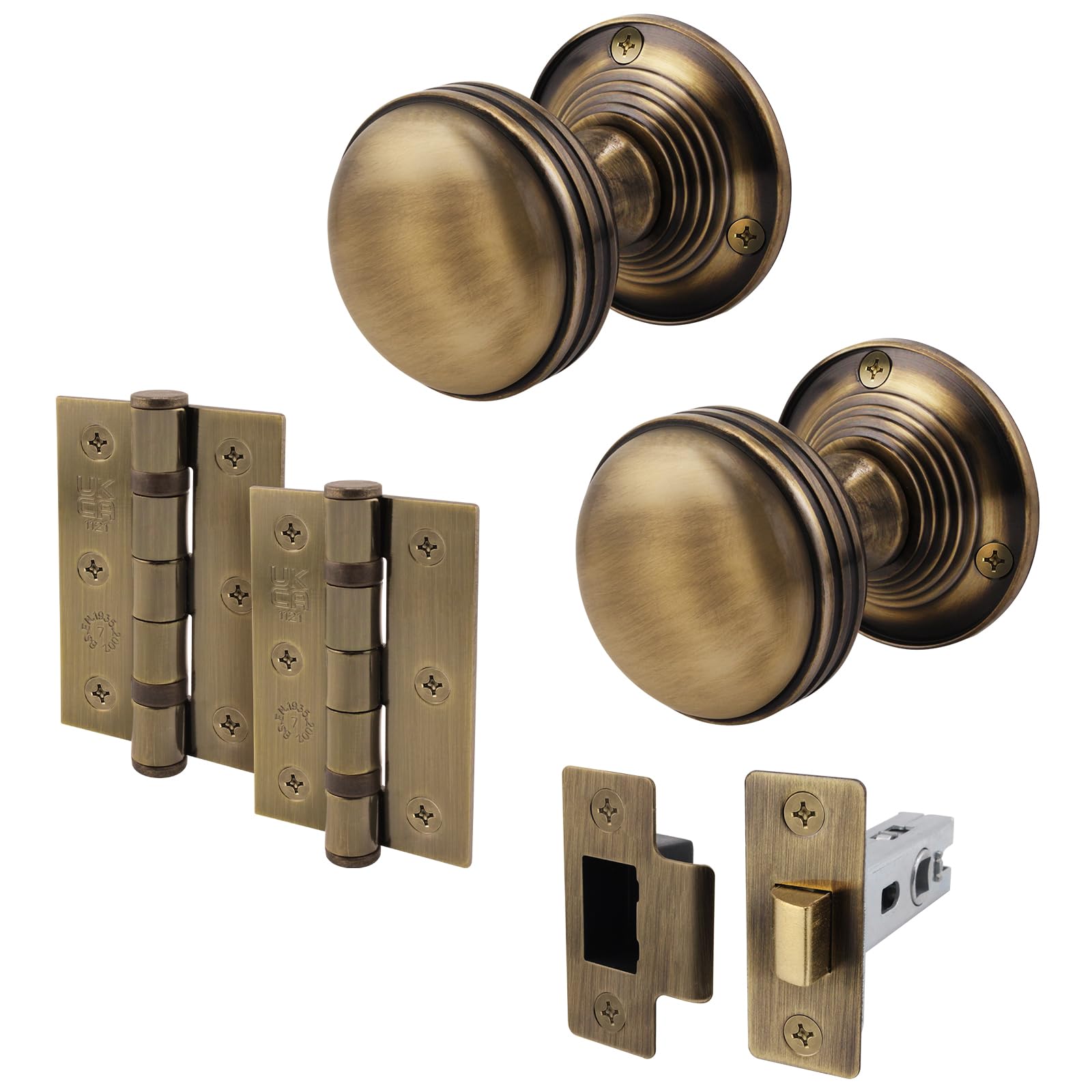 EAI Antique Brass Door Knobs with Latch 76mm and Hinges, 1 Pack - Lined