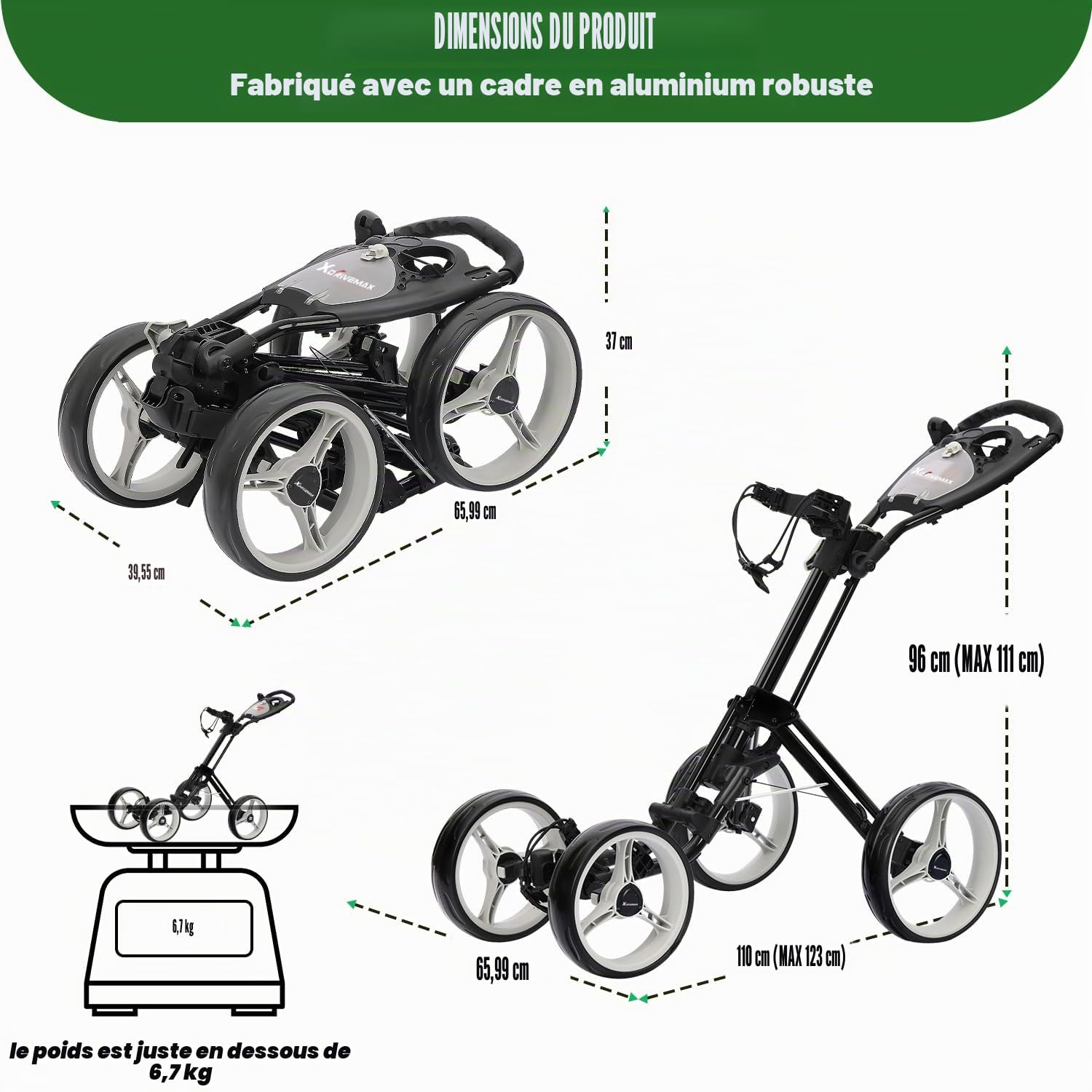 XDriveMax GC53 Chariot de golf à 4 roues, chariot de golf pliable en un clic, chariot de golf léger pour clubs de golf et sac de golf avec porte-gobelet, porte-carte de score/compartiment de rangement