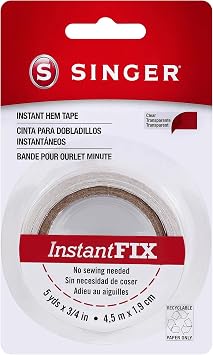SINGER Instant Fix Double-Sided Hem Tape - 3/4" w x 5 yds | No-sew, no-iron double-sided hem tape bonds ripped seams and hems; clear, cut-to-size, 5 yards for fast fixes anywhere
