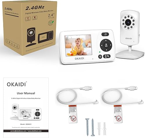 Miniatura 9 de OKAIDI Monitor de video para bebé con cámara y audio, monitor portátil de viaje de 2.4 pulgadas, sin WiFi, visión nocturna infrarroja, modo VOX,