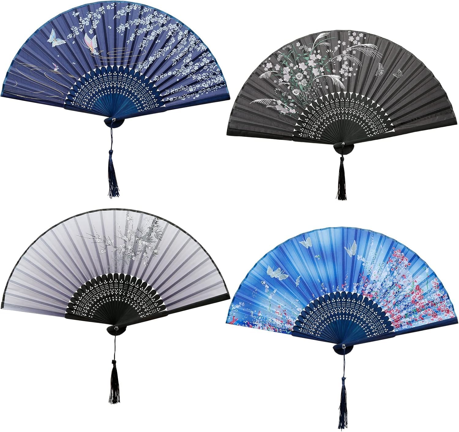 QIGEN LTD 4 Pieces Folding Fans Handheld Fans Bamboo Fans with Tassel Women's Hollowed Bamboo Hand Holding Fans for Wedding Party Wall Decoration(multicolour-B)