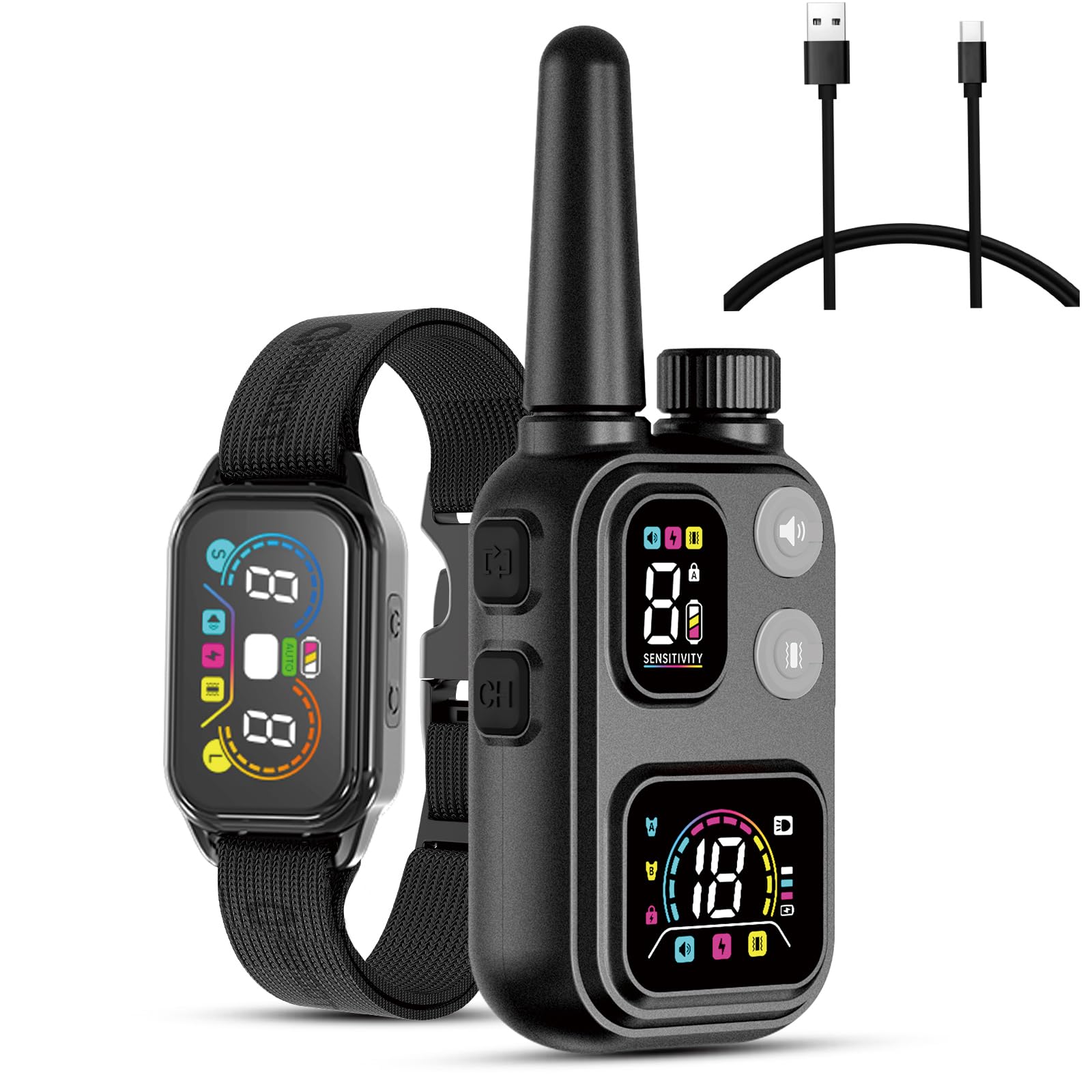 ABBIDOT 2-en-1 Collier De Dressage pour Chien - 8 Sensibilité Collier Anti Aboiement, Portée De 1500m, 4 Modes, Étanche, Rechargeable, Lumière, Verrouillage De Sécurité (Noir Mat)