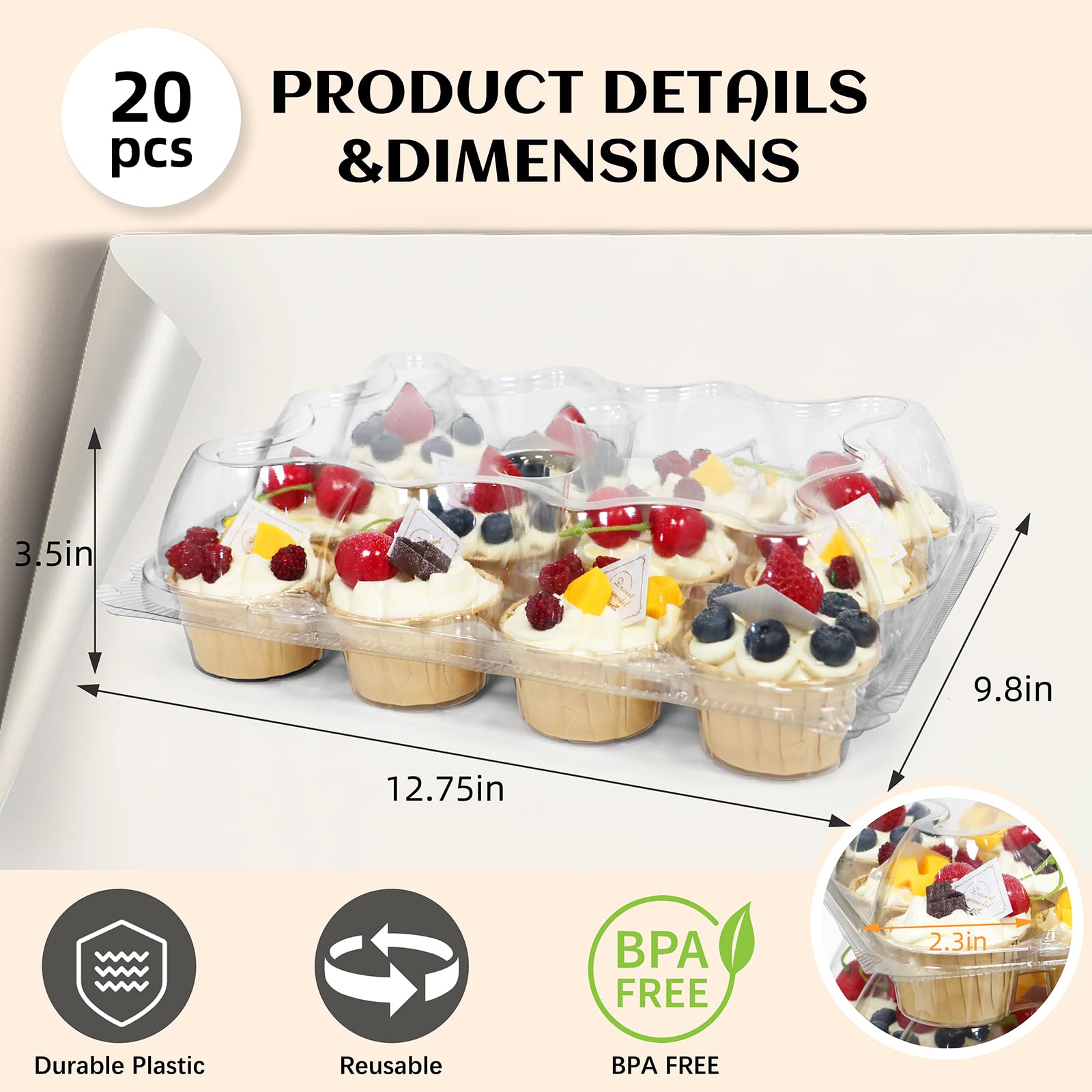 WIKDAY (12 unidades x 20 juegos de recipientes de plástico para cupcakes, duradero y sin BPA, con tapa para un fácil almacenamiento, apilables, transparentes, cajas de postre reutilizables)